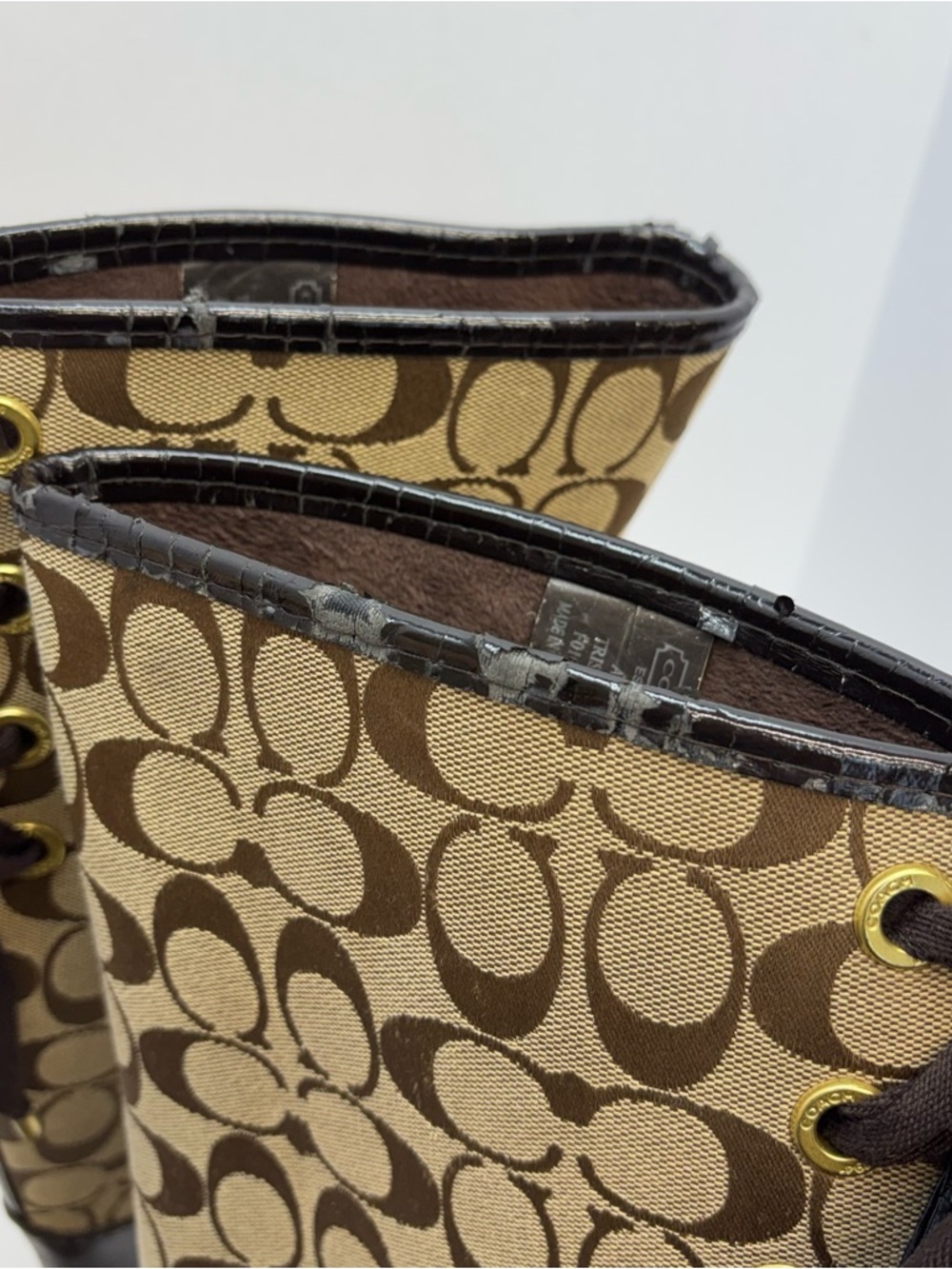 Coach Tristee Tall Rain Boot Brown Signature Jacquard Equestrian Corset Lace 8 B - Picture 9 of 11